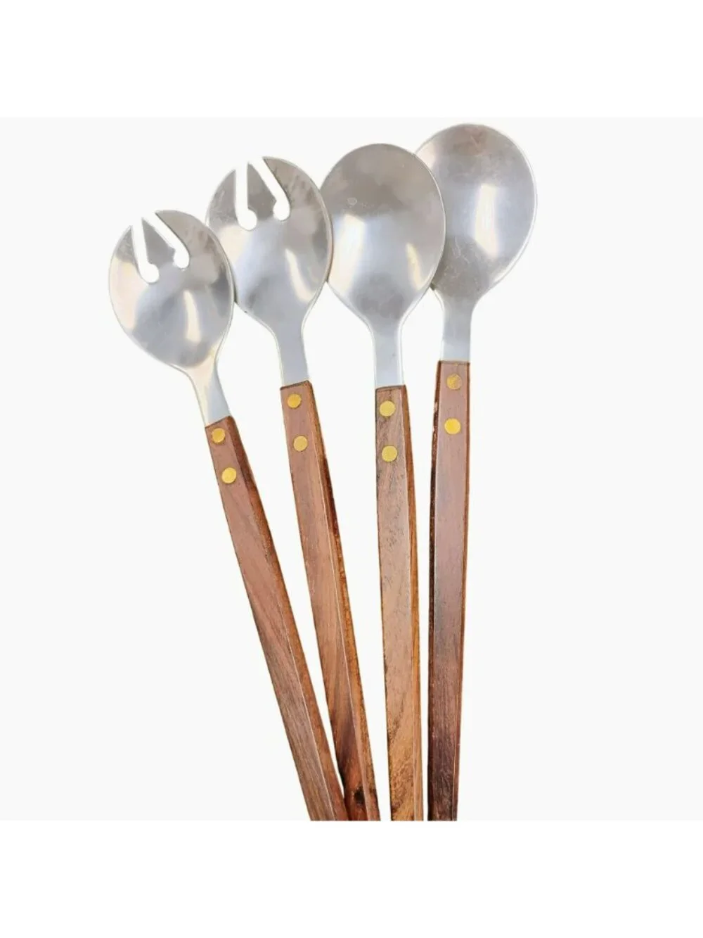 Vintage Salad Serving Set Wood Handle Stainless Steel Japan MCM Mid-Century